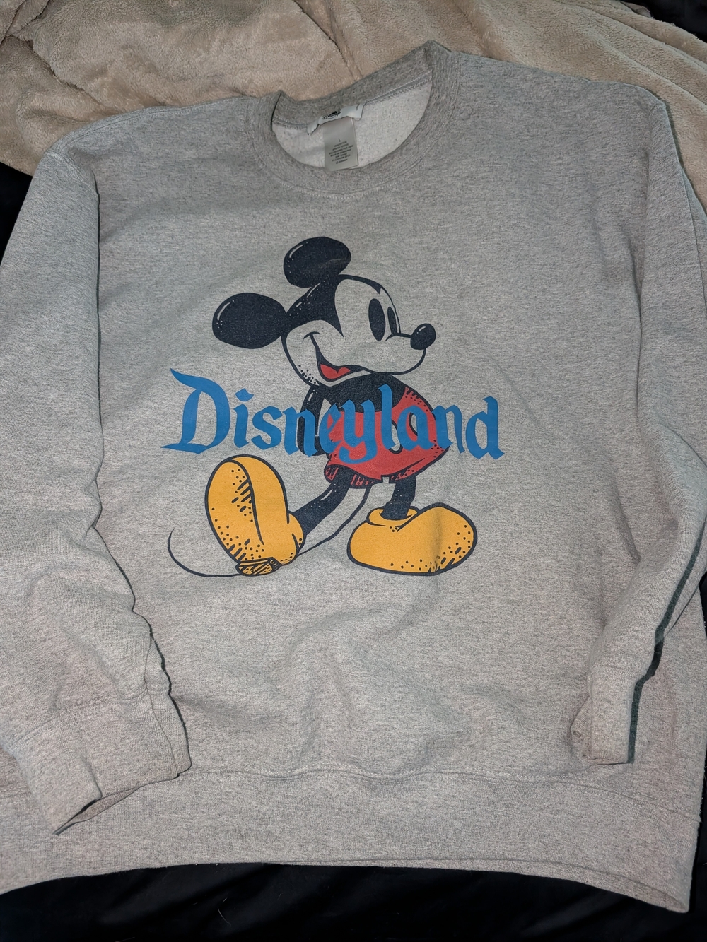 Disney Grey Crewneck with Blue Logo, Red Shorts & Yellow Shoes